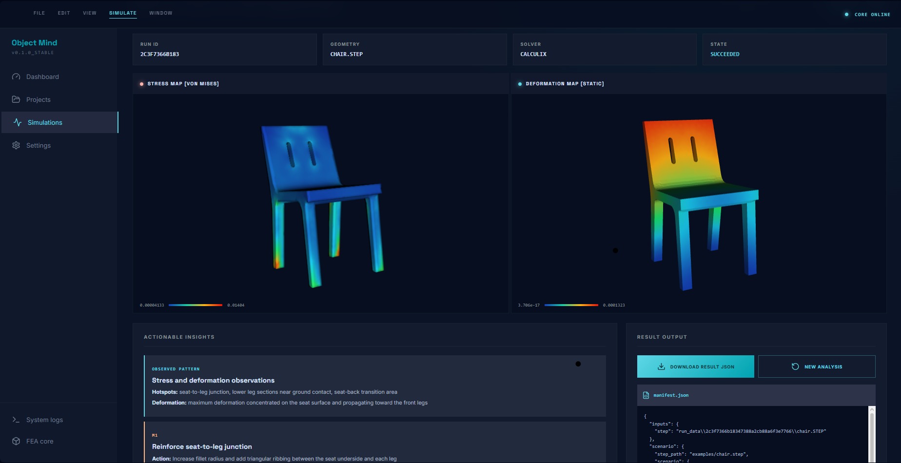 Standard CAD viewport beside ObjectMind stress heatmap visualization